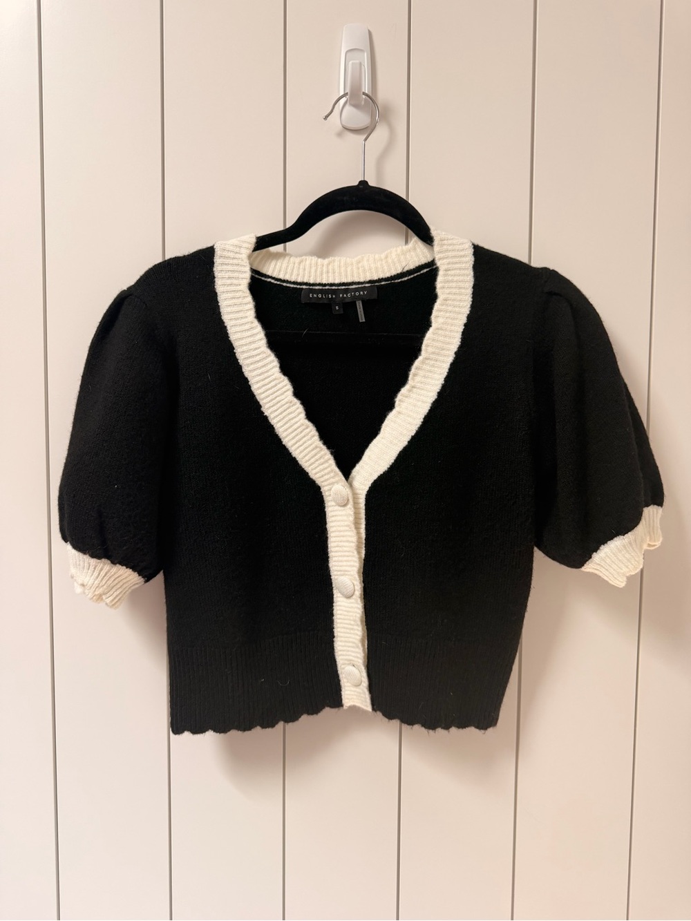 English Factory Black and Cream Puff Sleeve Cropped Cardigan